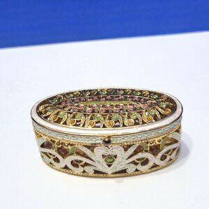 Vintage Gold Enamel Trinket Box Encrusted with Rhinestones